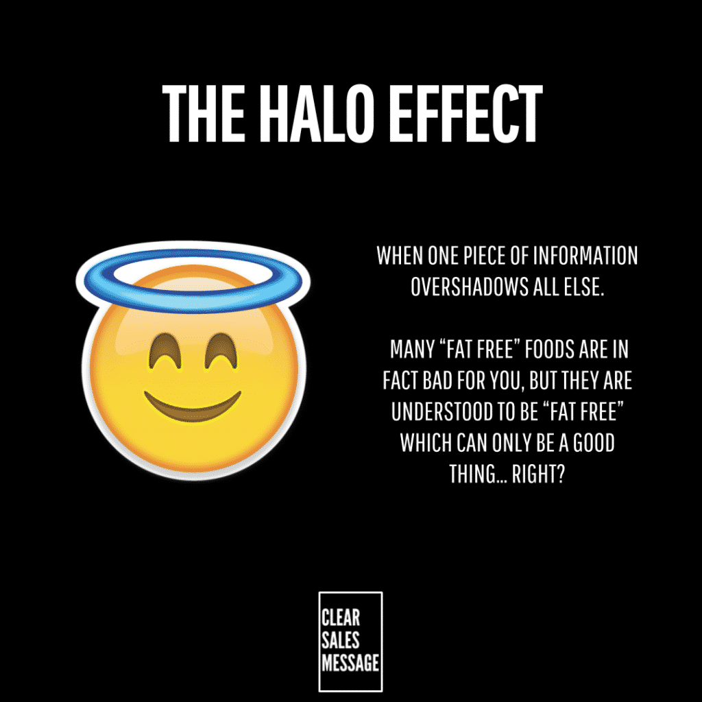 The halo effect Poster about the halo effect showing a smiling emoji with halo and text about information overshadowing others clear sales message logo at bottom