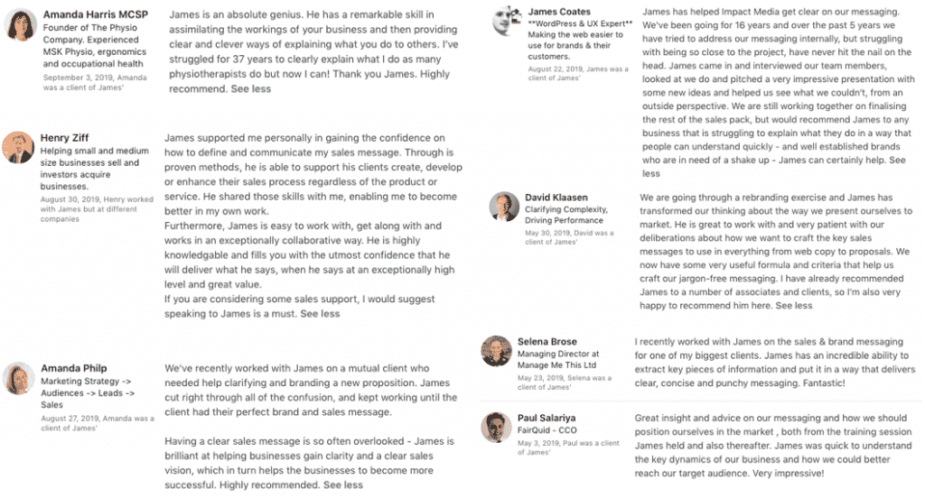 Screenshot 2019 10 16 at 13 09 37 Collage of client testimonials praising james coates with small headshots and quoted praise about his services