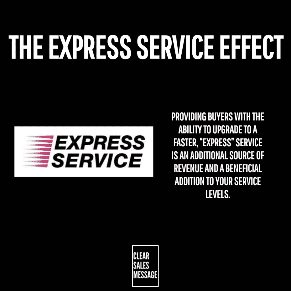 The express service effect Black slide titled the express service effect with the express service logo on the left and a bold paragraph about faster service boosting revenue small clear sales message box at bottom