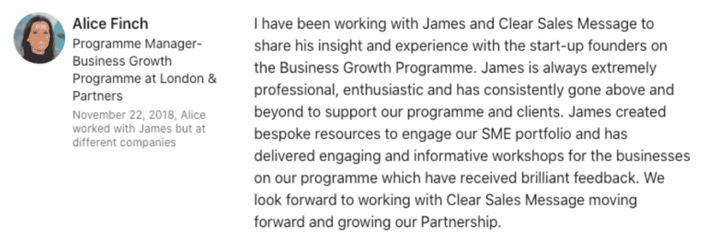 Screenshot 2020 11 16 at 08 01 21 Testimonial card for alice finch programme manager at london partners with date november 22 2018 praising james and clear sales message and bespoke resources for sme growth