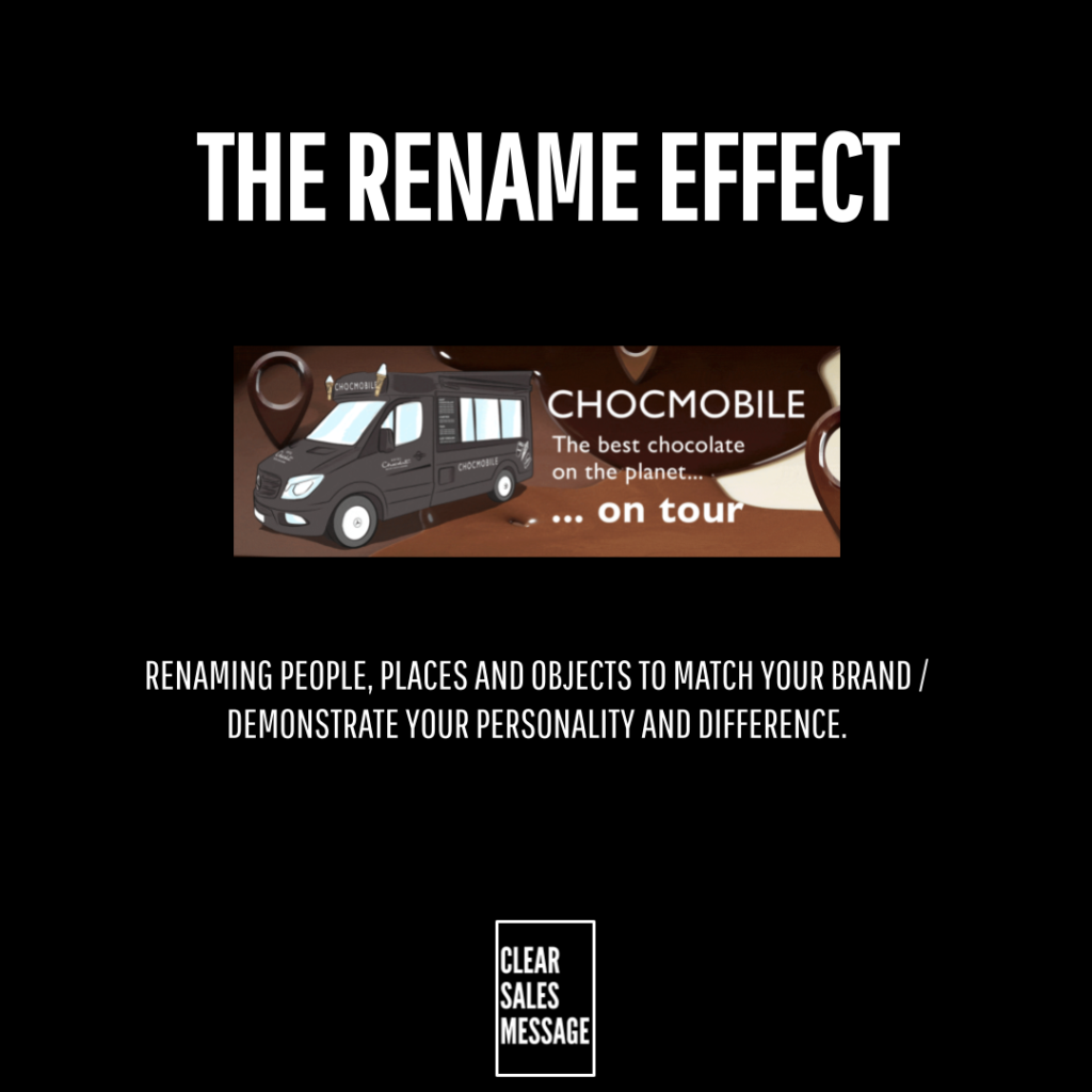 The rename effect Slide cover for a branding talk titled the rename effect with a chocolate themed banner featuring a van and the subtitle about renaming to match brand personality logo clear sales message at the bottom