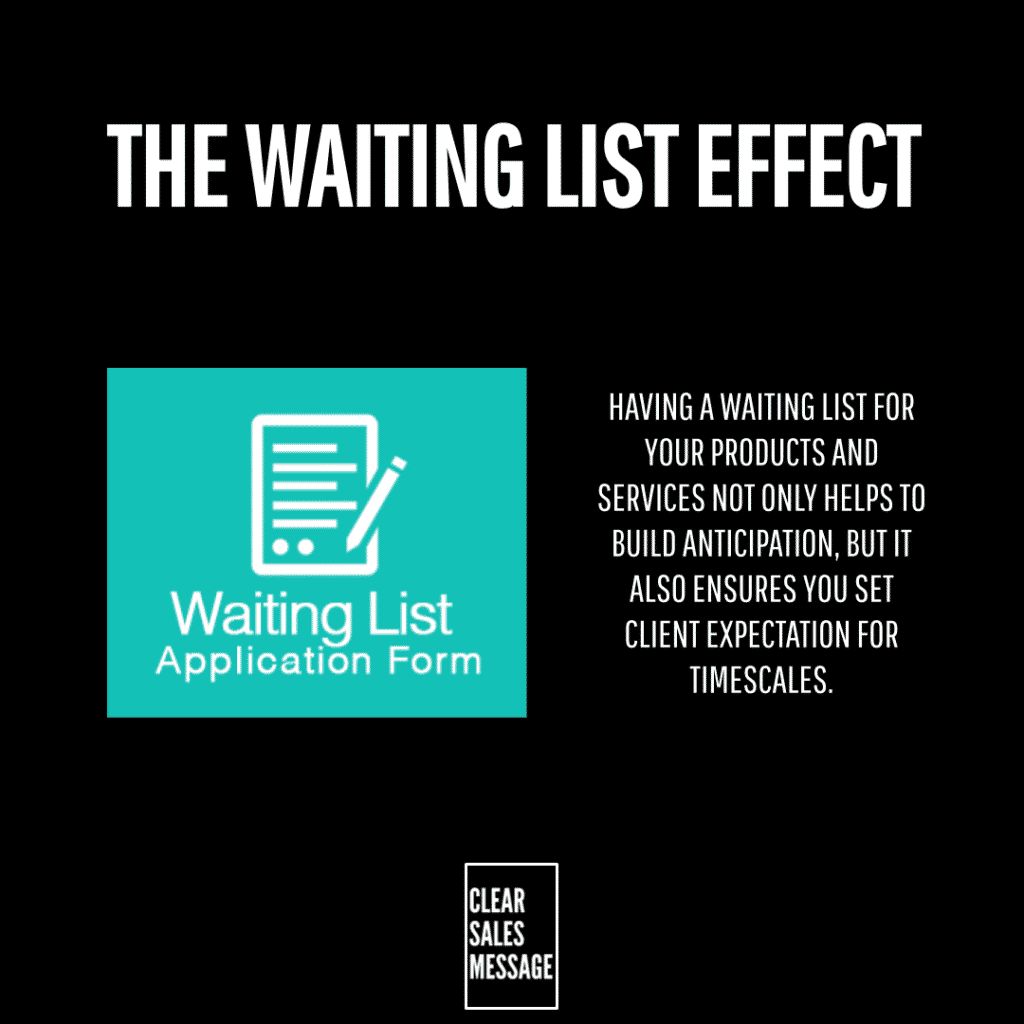 The waiting list effect 1 Hero slide titled the waiting list effect on a black background left shows teal square with a waiting list application form icon right column explains benefits of waiting lists small clear sales message logo bottom