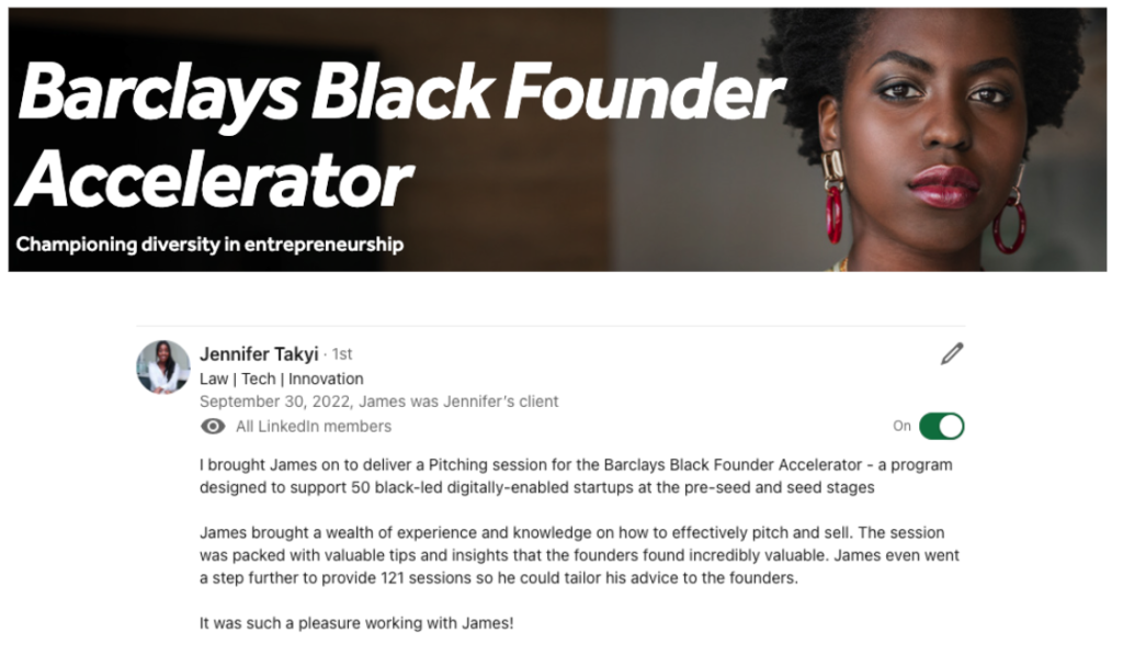 Screenshot 2023 01 05 at 10 19 30 Banner for barclays black founder accelerator featuring a black woman on the right and the tagline championing diversity in entrepreneurship