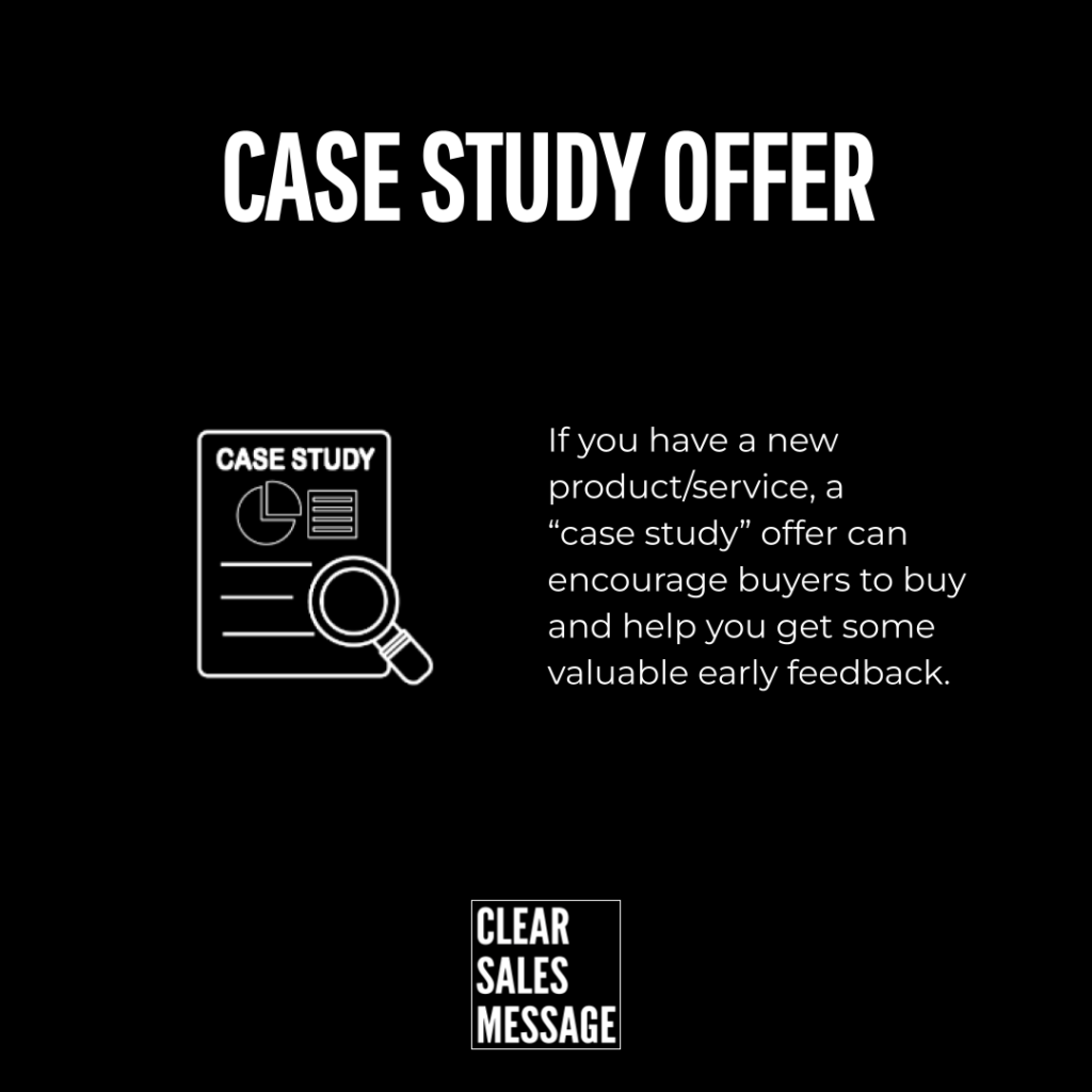 Case study offer Bold case study offer on black background left icon of a case study document with magnifying glass right descriptive text about using case studies to gather early feedback small clear sales message logo bottom center