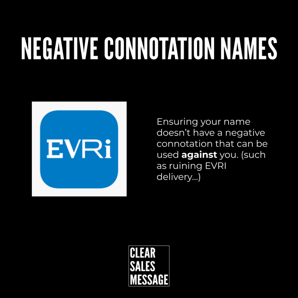 Negative connotation names Slide titled negative connotation names showing evri logo on the left and a paragraph about avoiding negative branding connotations with a clear sales message mark at the bottom